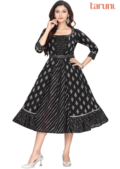 Black Cotton Printed Midi Dress