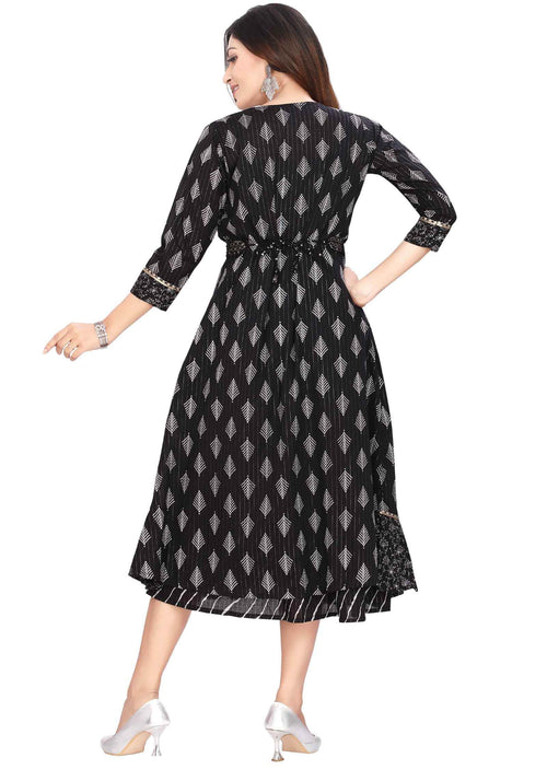Black Cotton Printed Midi Dress