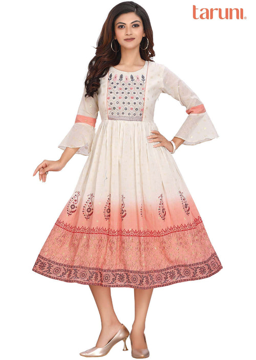 Cream Banaras Cotton Printed Midi Dress