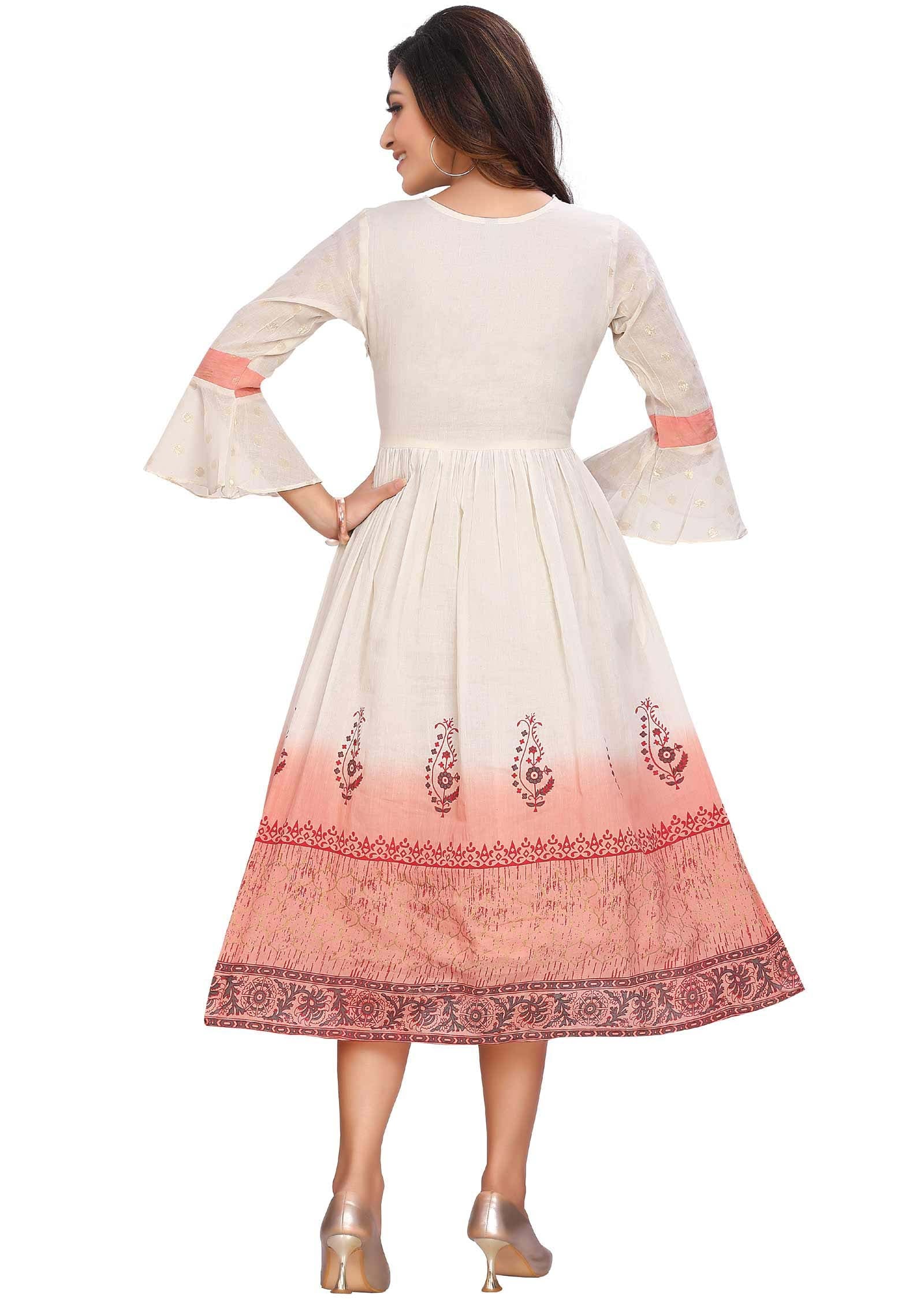 Cream Banaras Cotton Printed Midi Dress