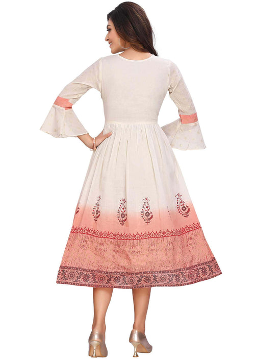 Cream Banaras Cotton Printed Midi Dress