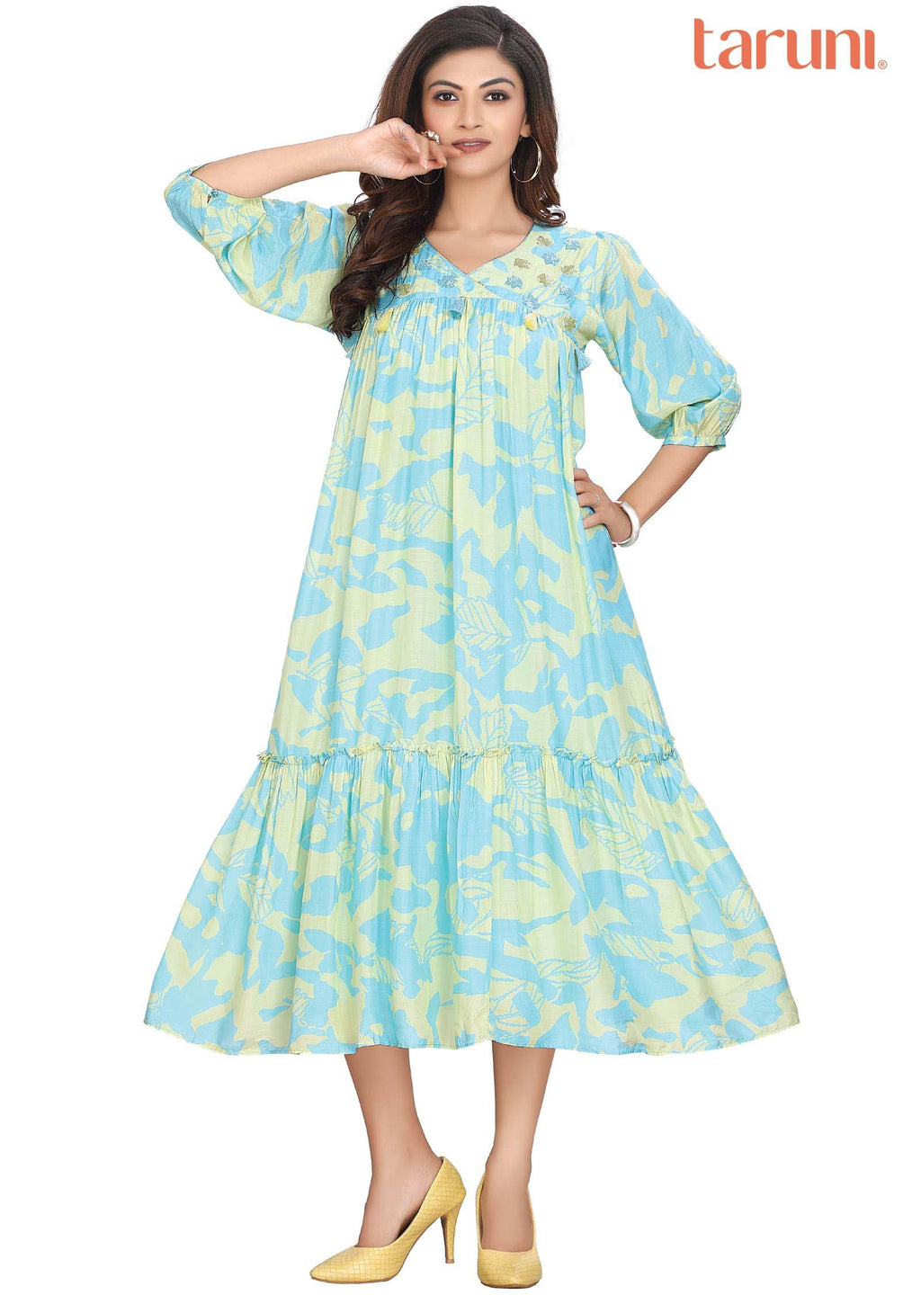 Yellow/Light Blue Muslin Printed Midi Dress