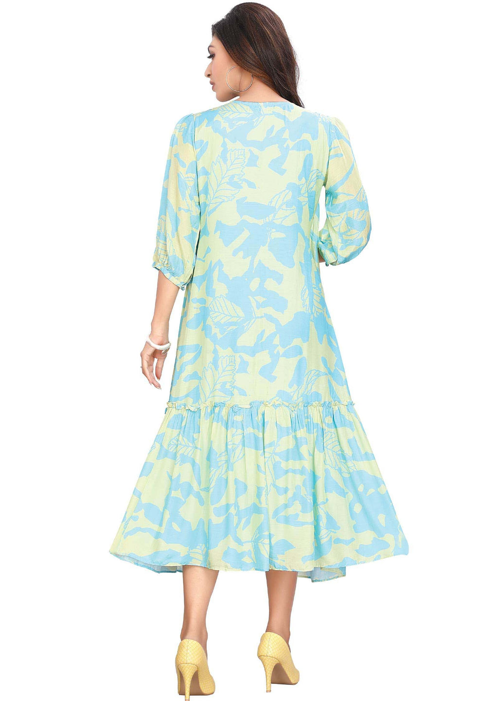 Yellow/Light Blue Muslin Printed Midi Dress