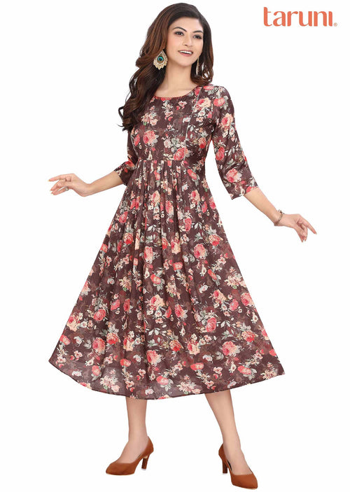 Brown Muslin Printed Midi Dress