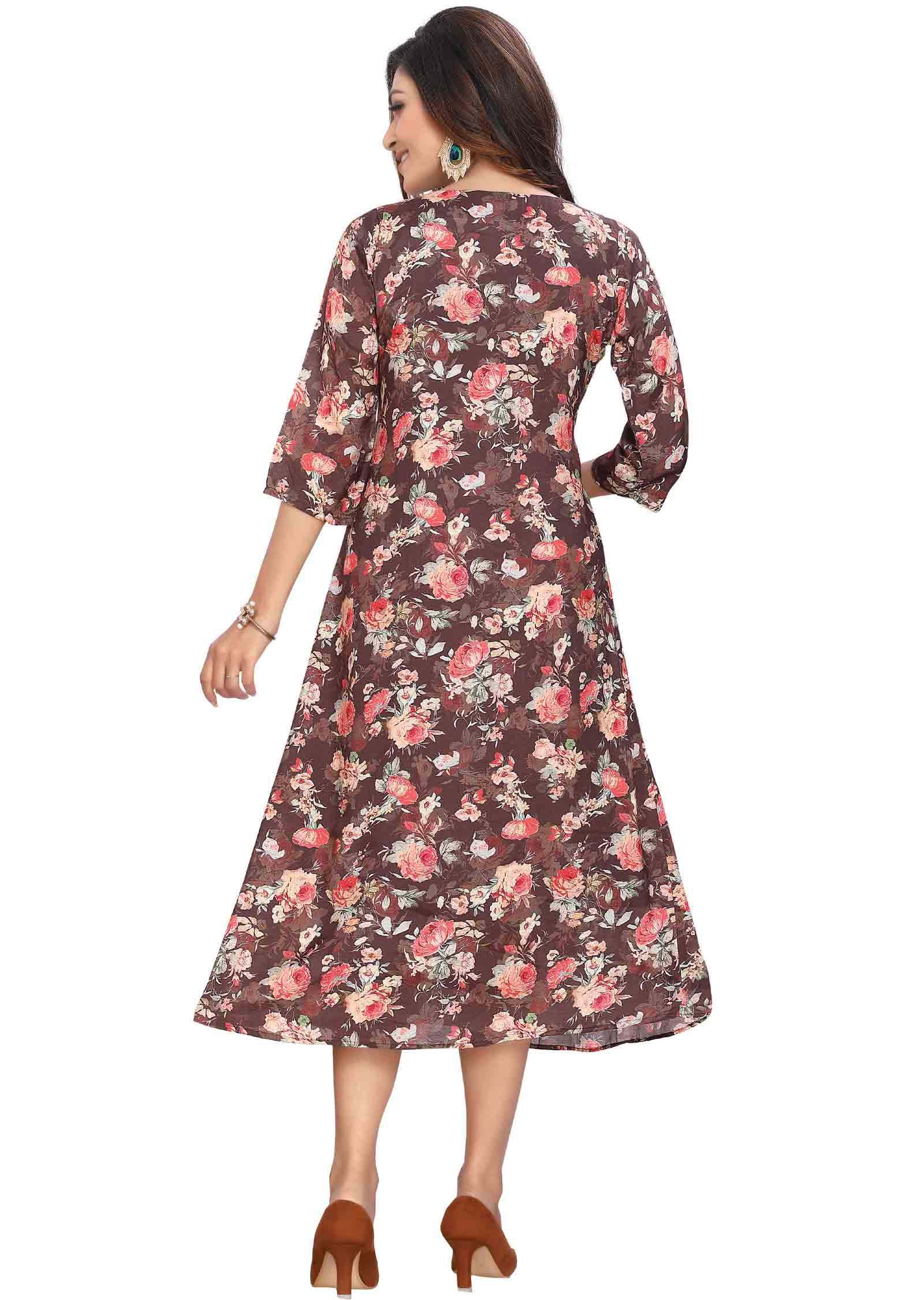 Brown Muslin Printed Midi Dress