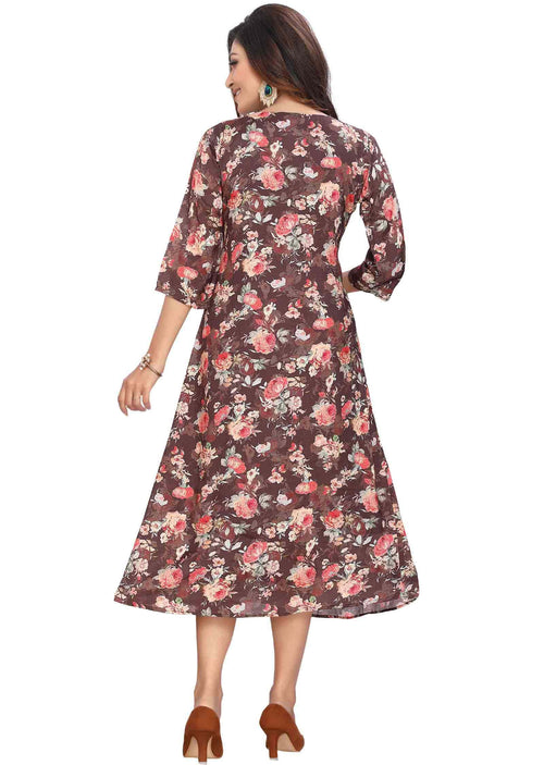 Brown Muslin Printed Midi Dress