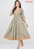 Greyish Blue Cotton Printed Midi Dress