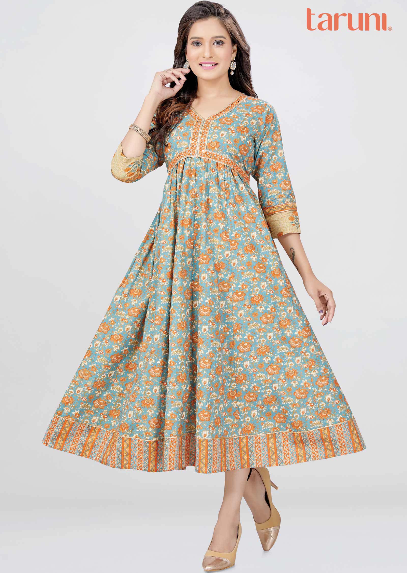 Greyish Blue Cotton Printed Midi Dress