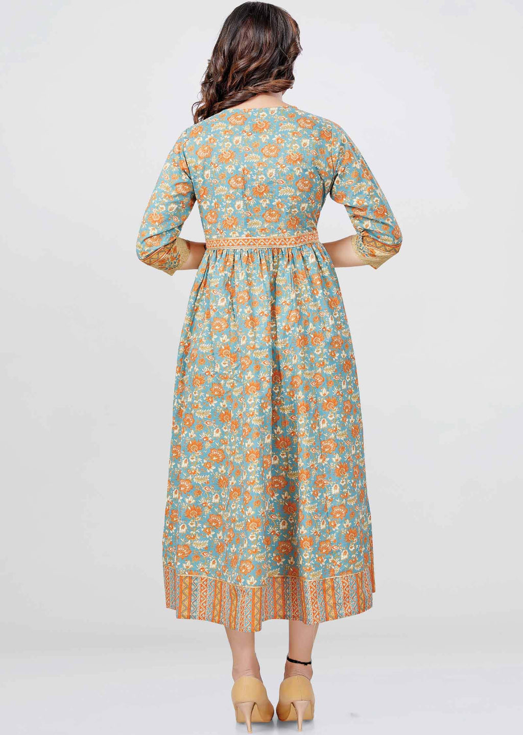 Greyish Blue Cotton Printed Midi Dress