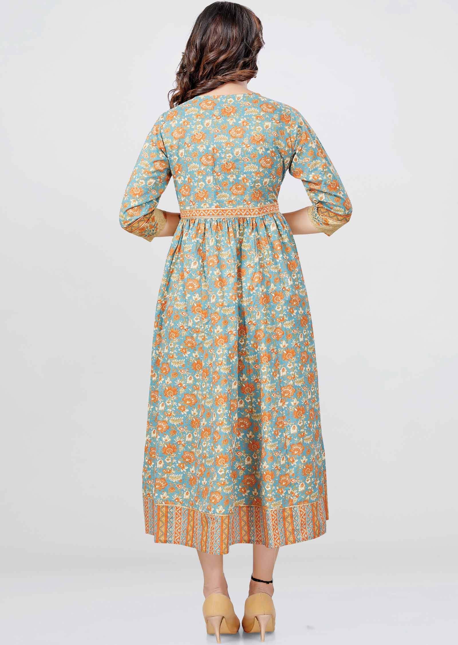 Greyish Blue Cotton Printed Midi Dress