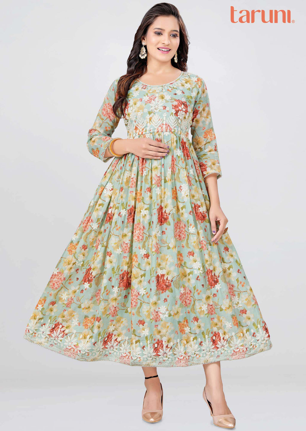 Pista Green Cotton Floral Printed Midi Dress