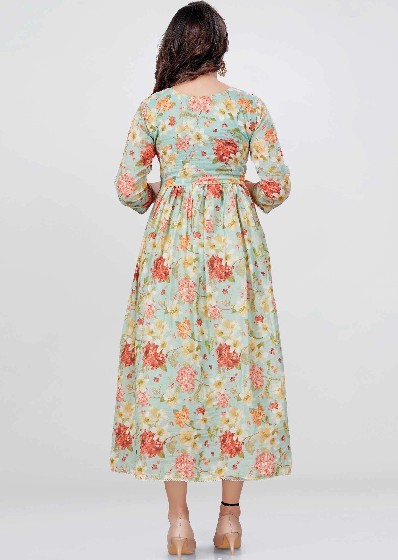 Pista Green Cotton Floral Printed Midi Dress