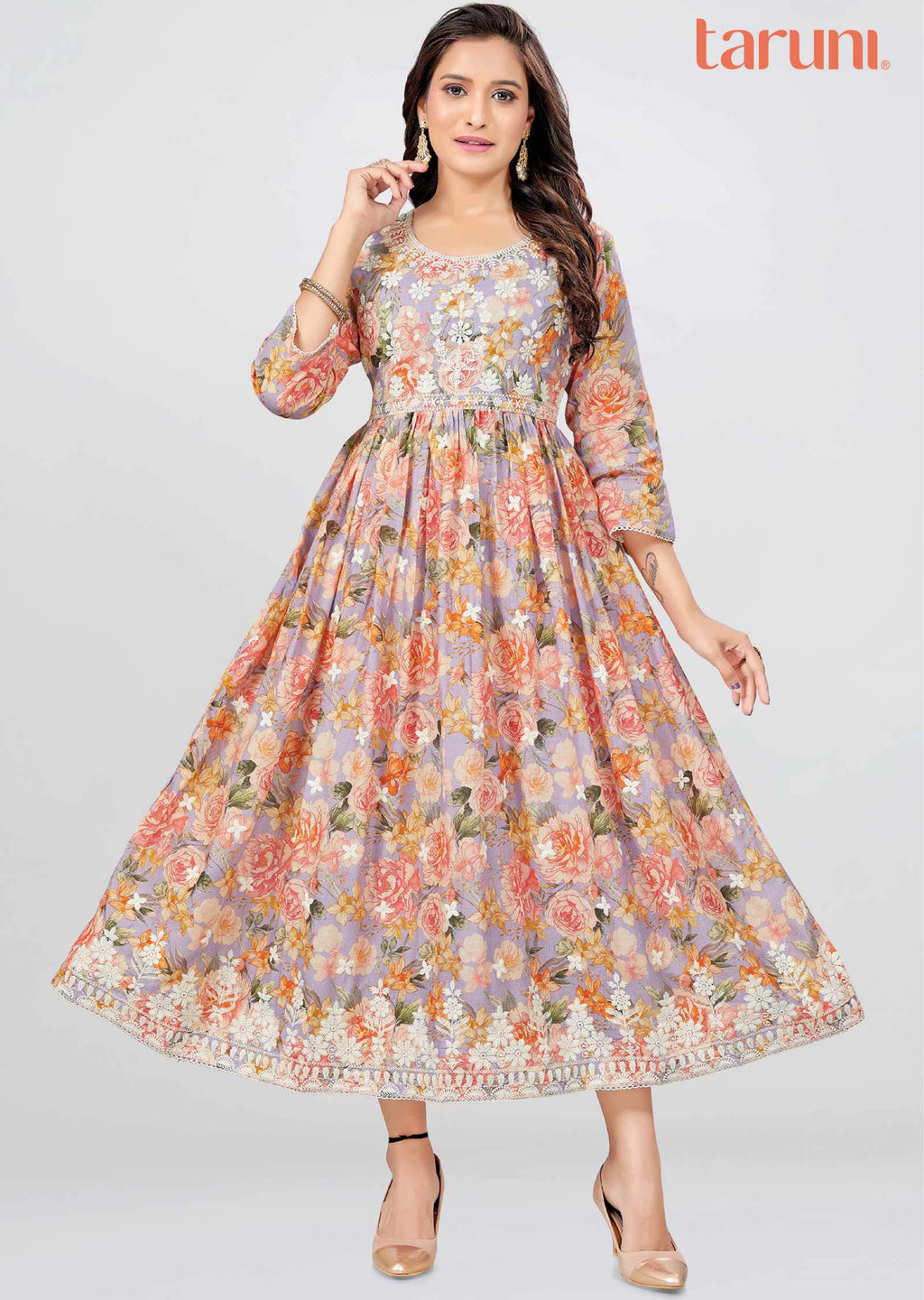 Lavender Cotton Floral Printed Midi Dress
