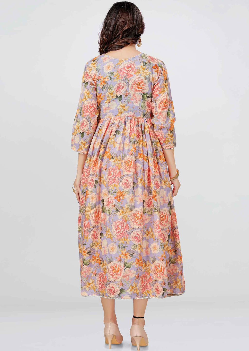 Lavender Cotton Floral Printed Midi Dress