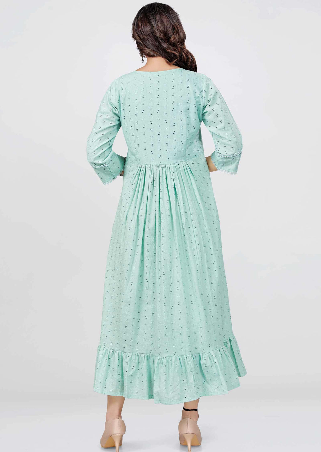Sea green Schiffli cotton Midi Dress