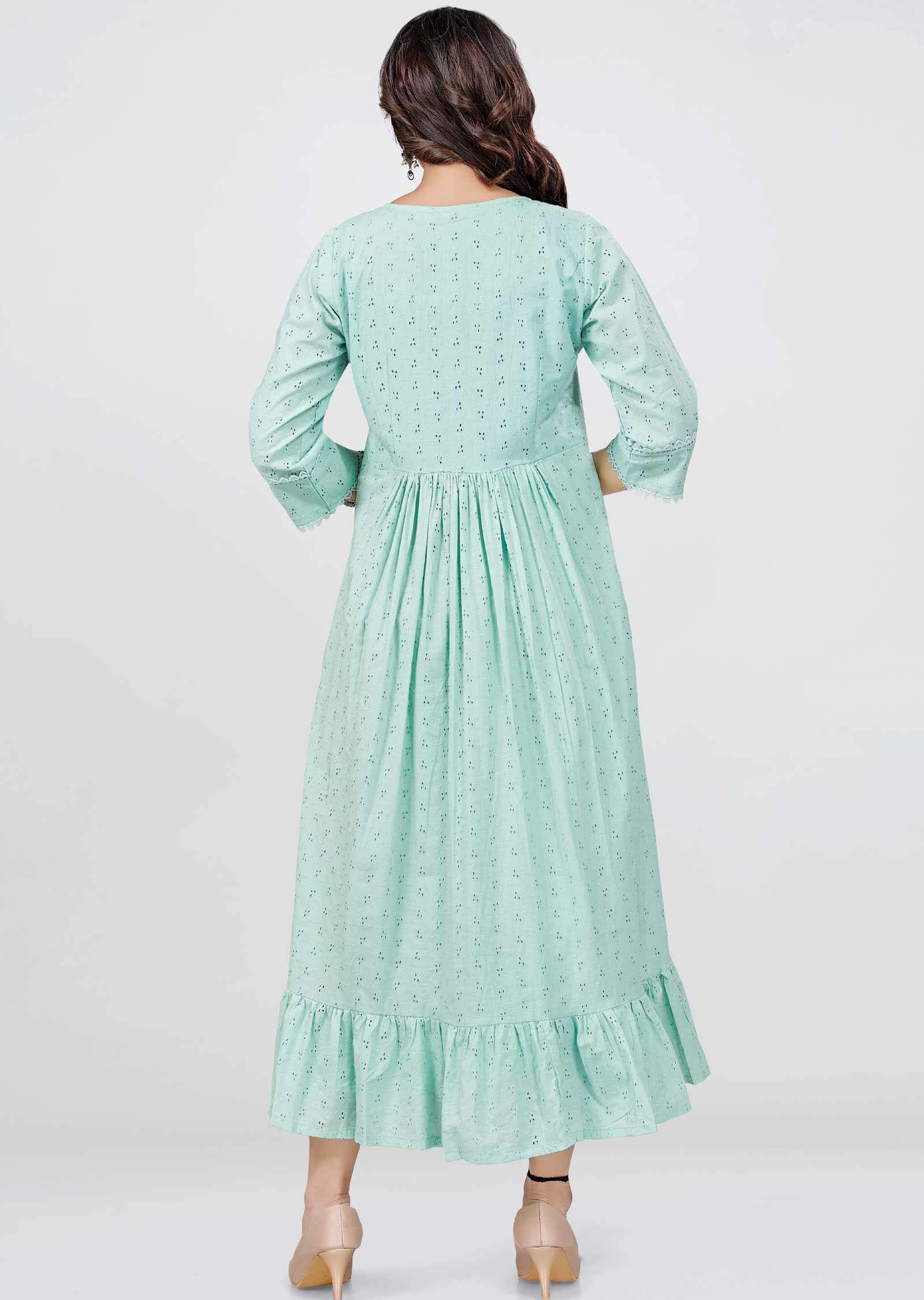 Sea green Schiffli cotton Midi Dress