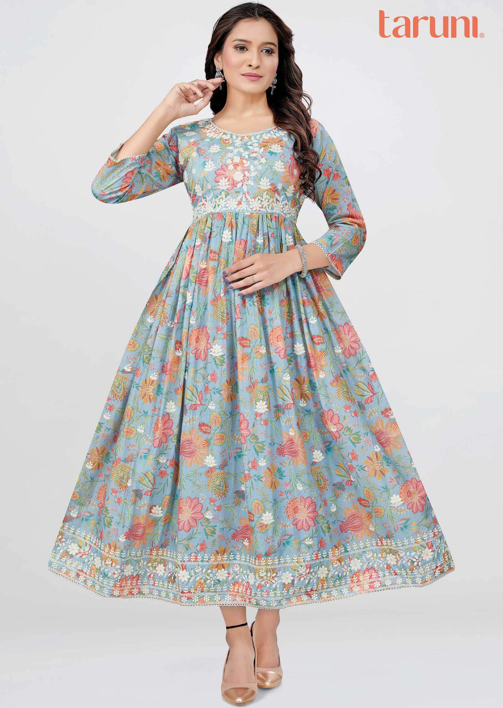 Light Blue Cotton Floral Printed Midi Dress