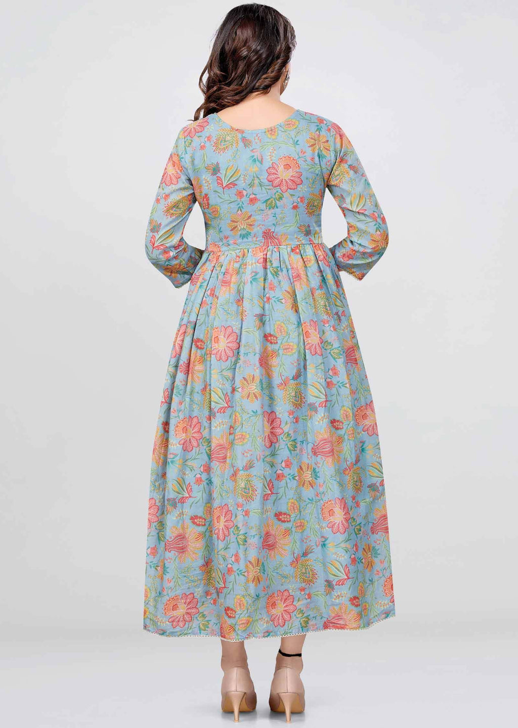 Light Blue Cotton Floral Printed Midi Dress