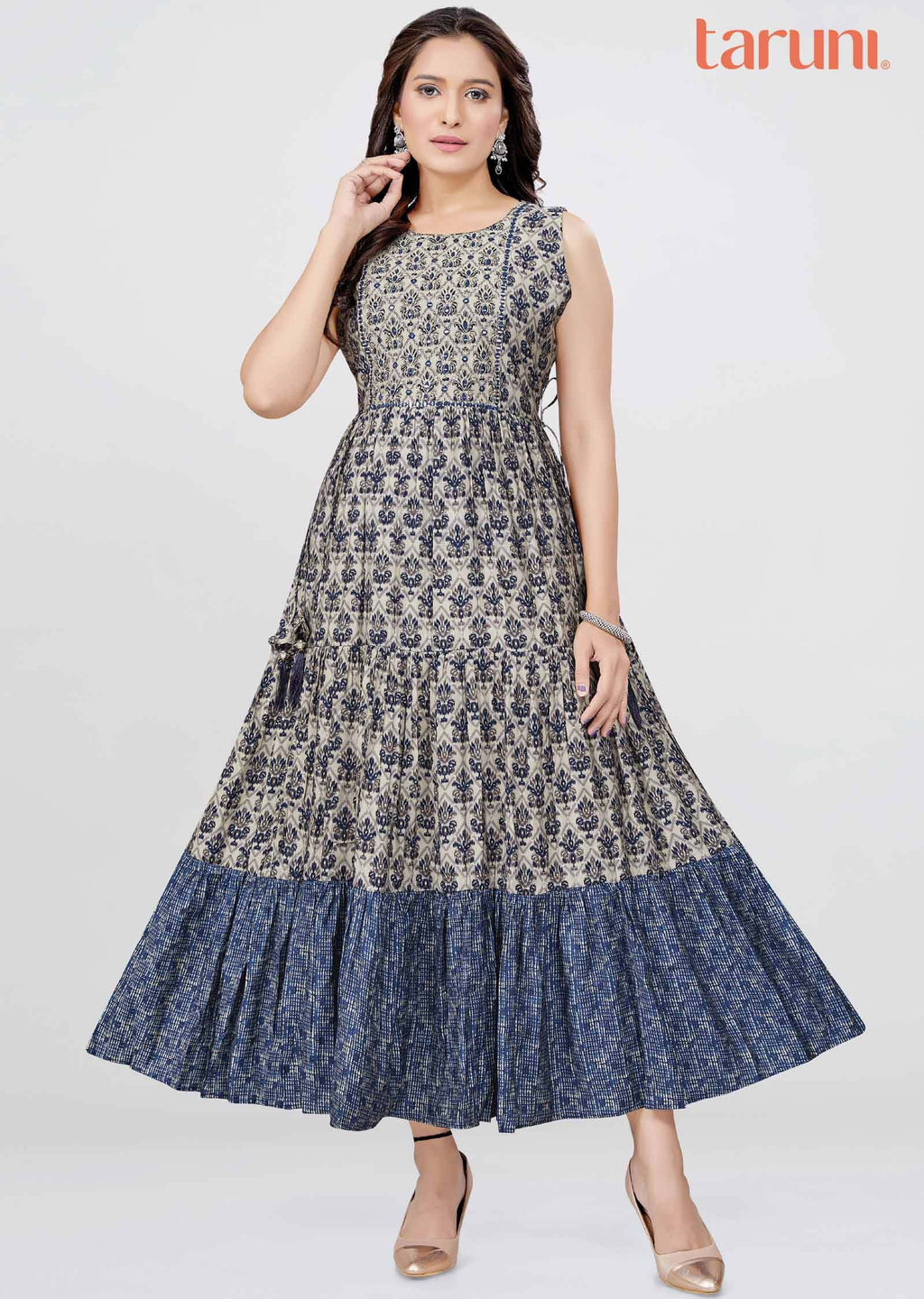 Light Grey/Navy Blue Modal Printed Midi Dress