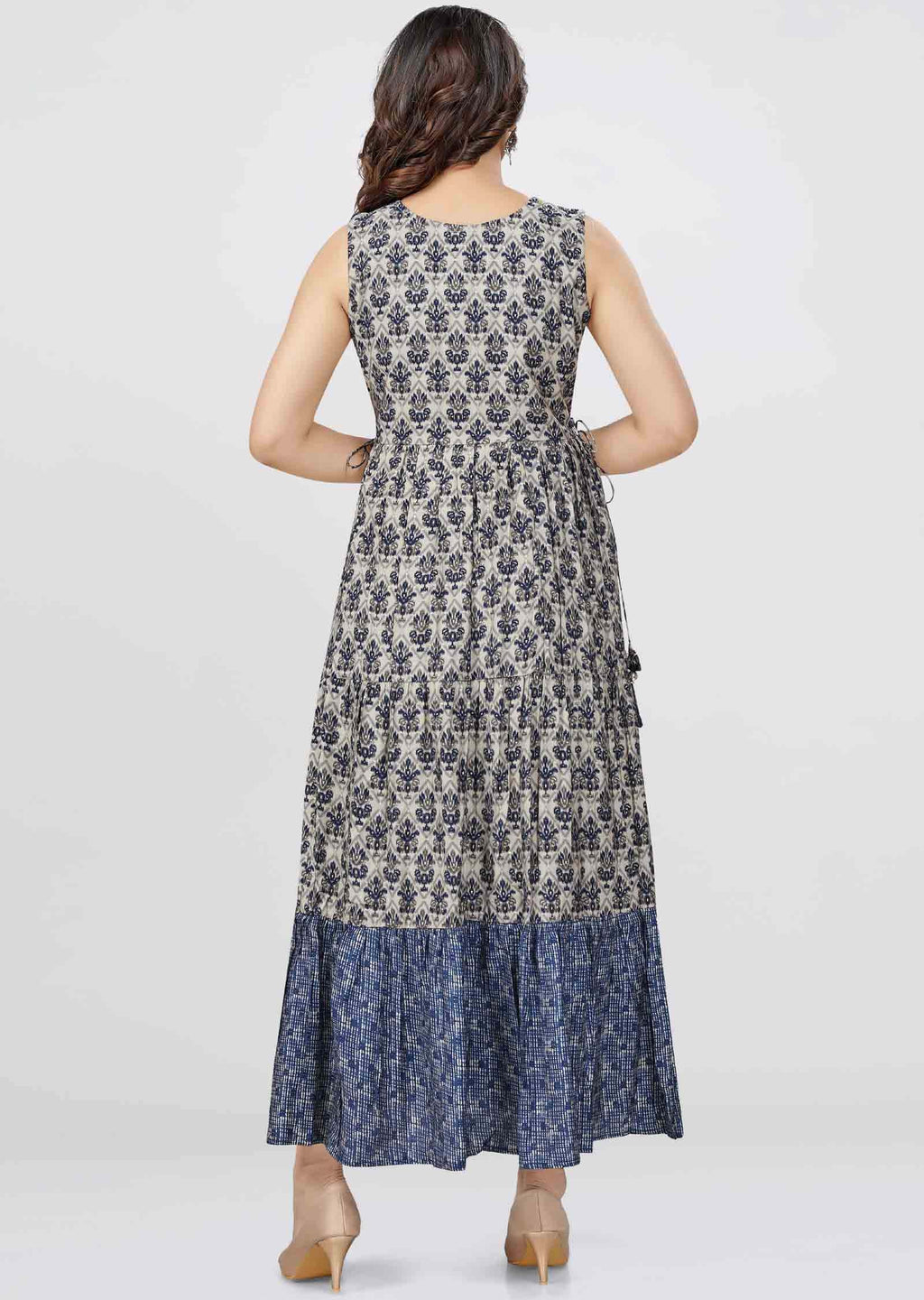 Light Grey/Navy Blue Modal Printed Midi Dress