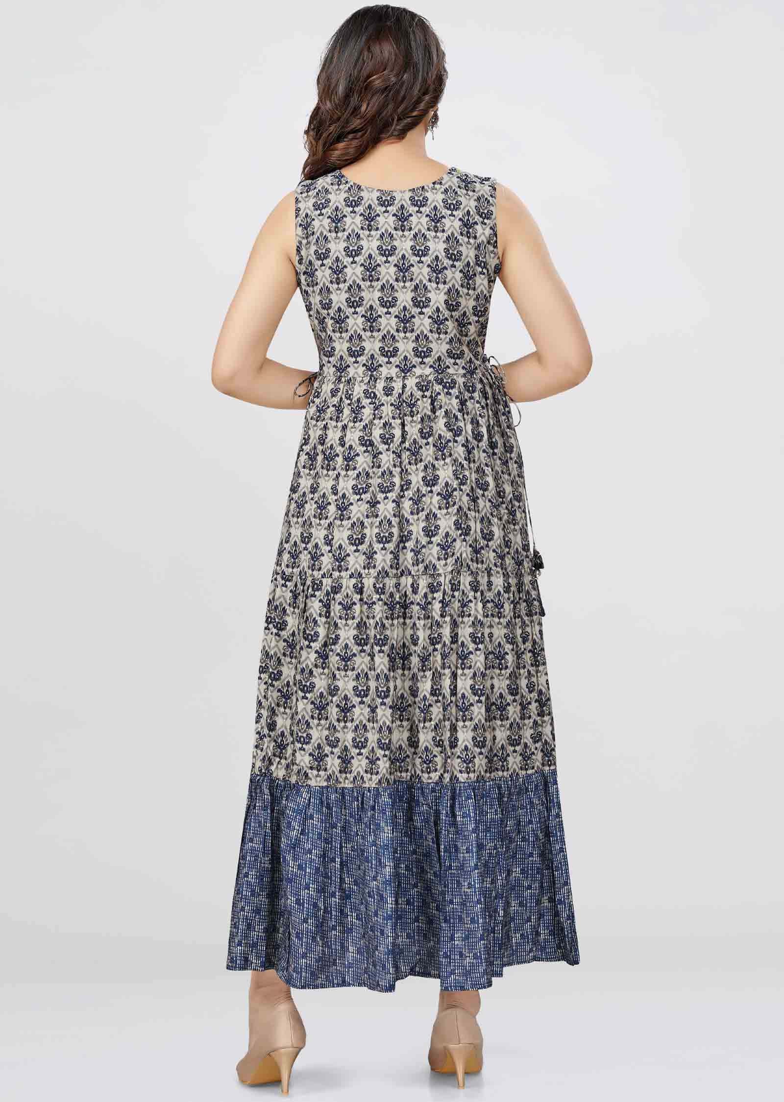 Light Grey/Navy Blue Modal Printed Midi Dress