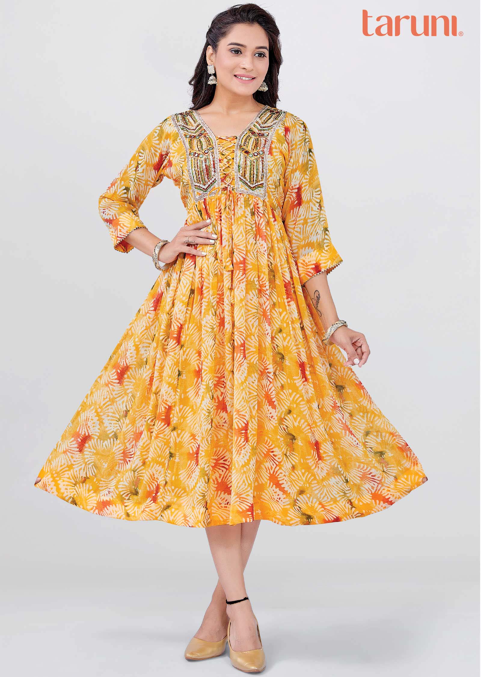 Mango Yellow Georgette Printed Midi Dress