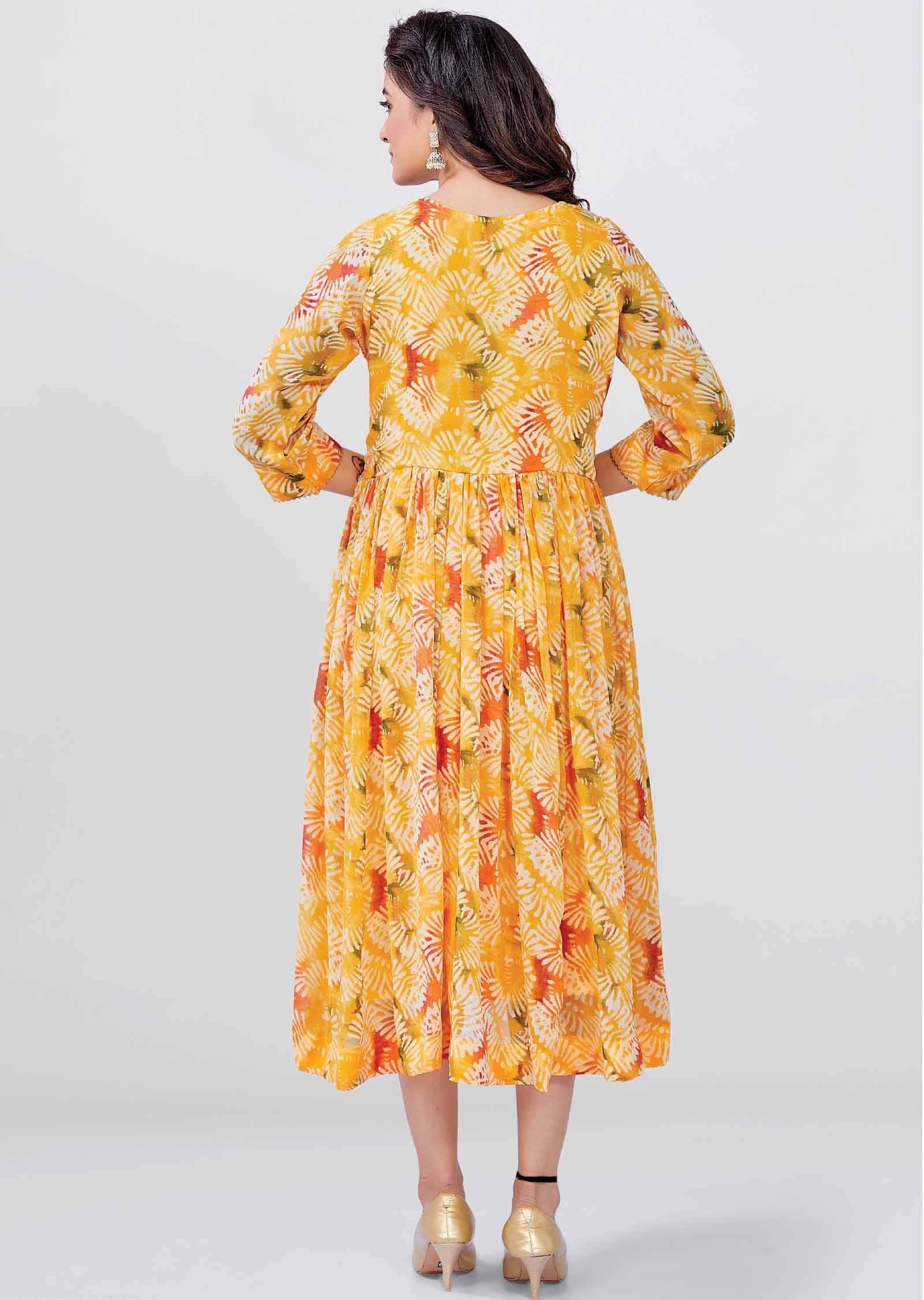 Mango Yellow Georgette Printed Midi Dress