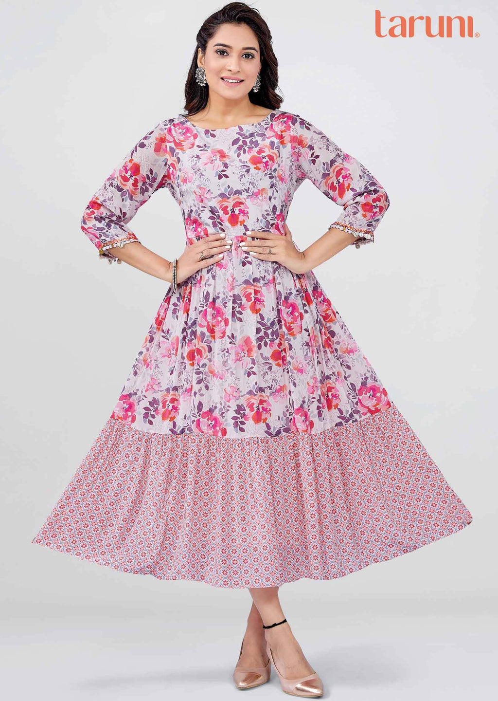 Baby Pink Crepe Floral Printed Midi Dress