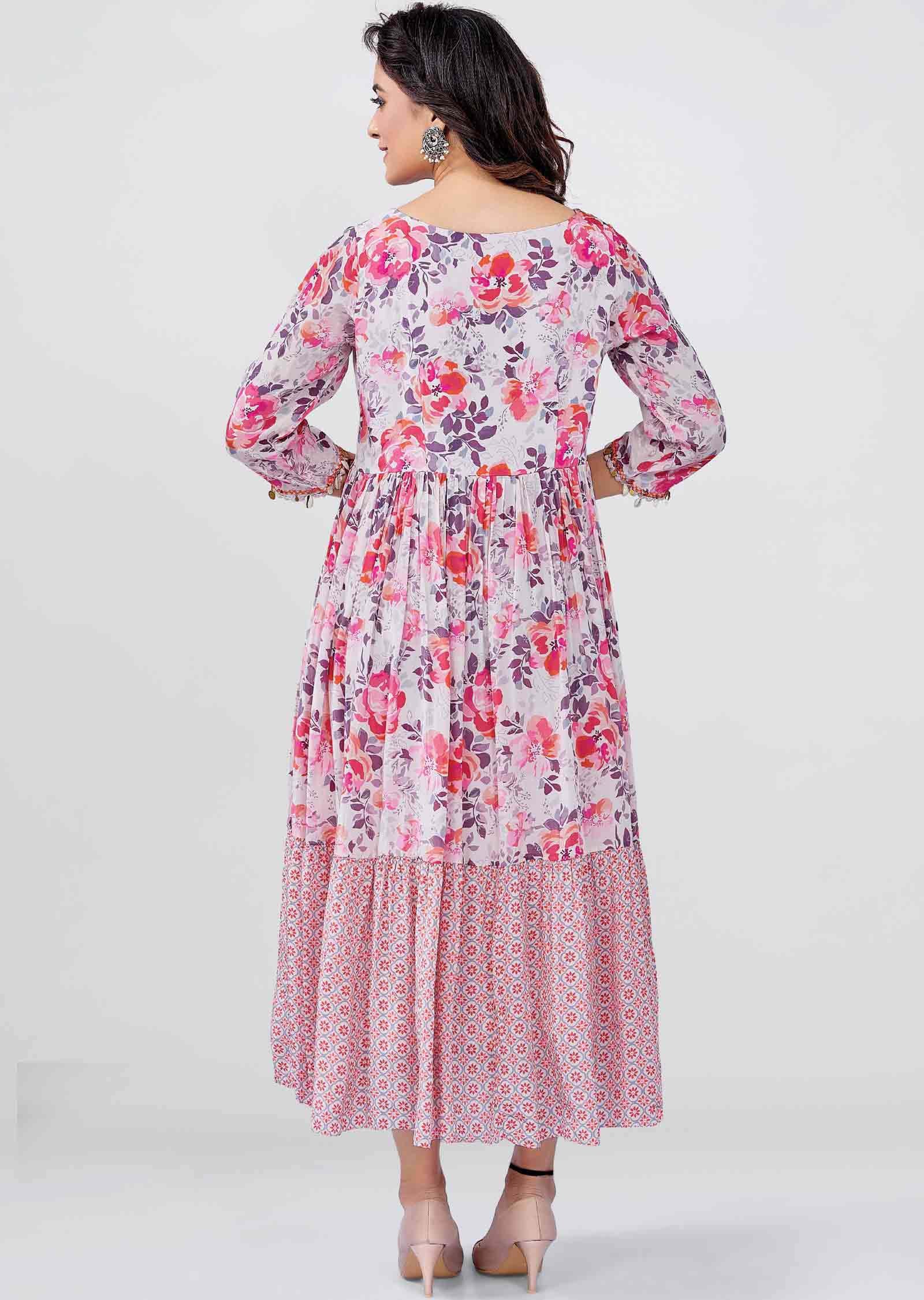 Baby Pink Crepe Floral Printed Midi Dress