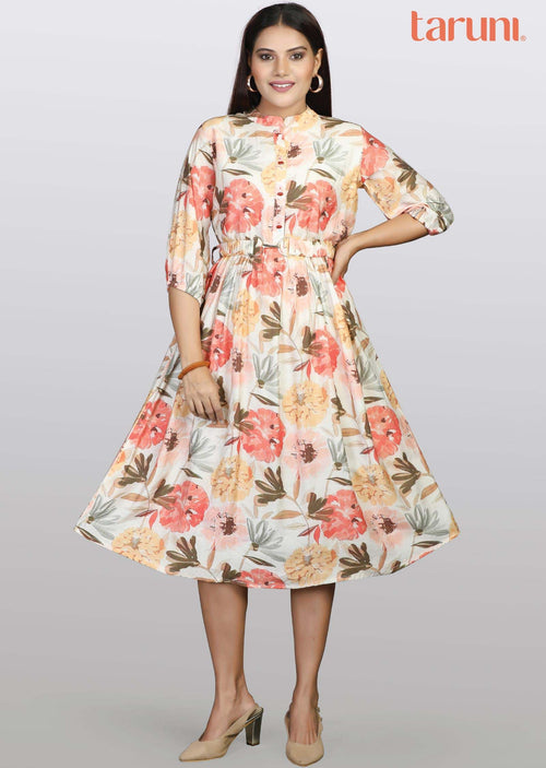 Cream Modal Printed Midi Dress