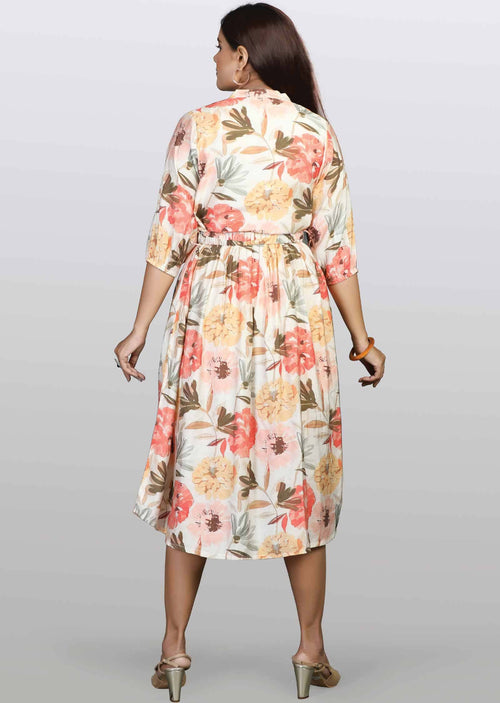 Cream Modal Printed Midi Dress