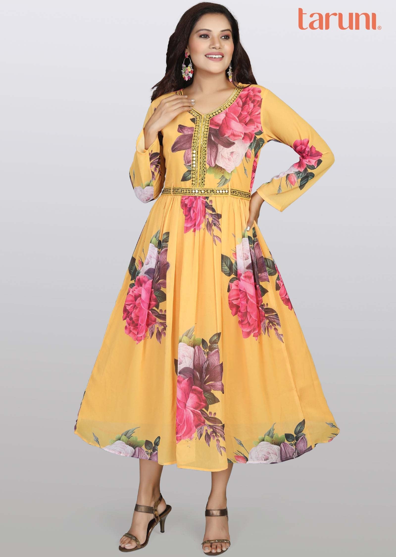 Mustard Georgette Printed Midi Dress