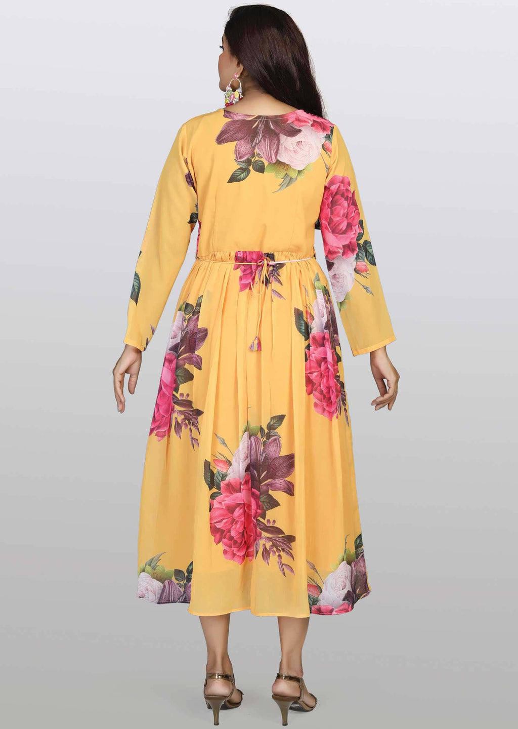 Mustard Georgette Printed Midi Dress