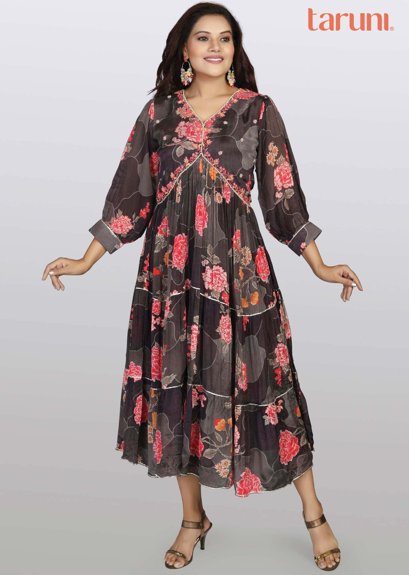 Brown Chinnon Embroidered Midi Dress