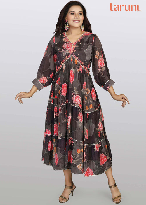 Brown Chinnon Embroidered Midi Dress