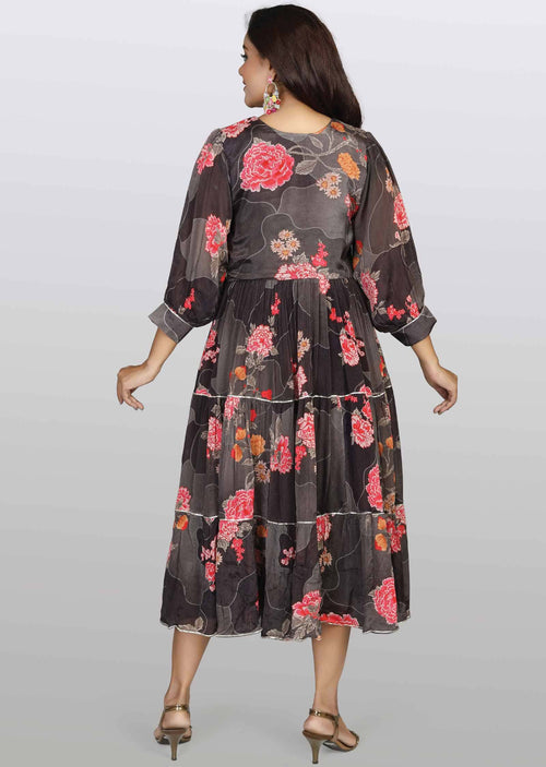 Brown Chinnon Embroidered Midi Dress