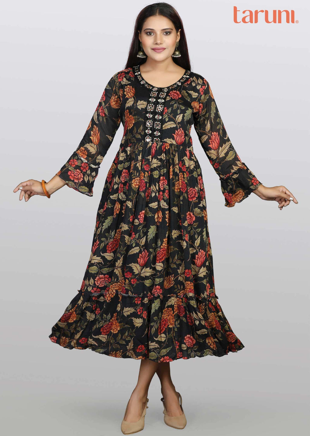 Black Chinnon Floral Printed Midi Dress