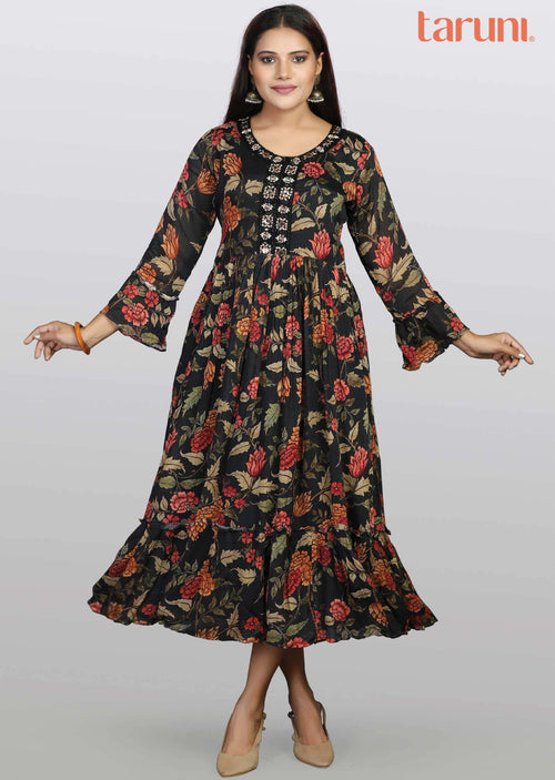 Black Chinnon Floral Printed Midi Dress