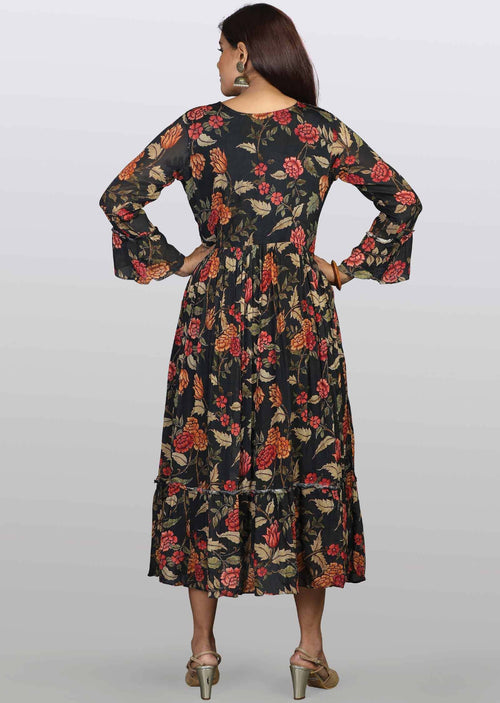 Black Chinnon Floral Printed Midi Dress
