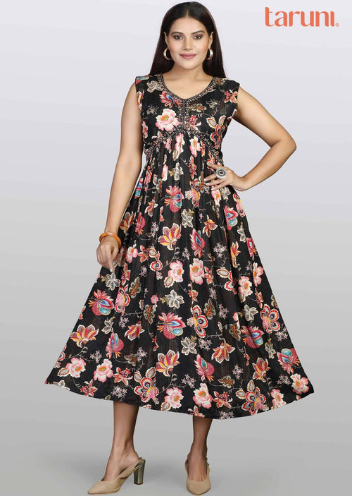 Black Modal Embroidered Midi Dress