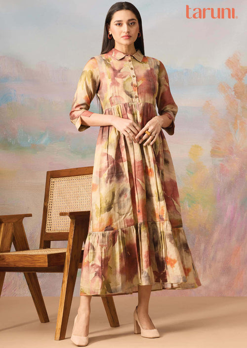 Beige/Multicolor Zari Silk Midi Dress