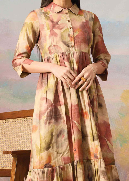 Beige/Multicolor Zari Silk Midi Dress