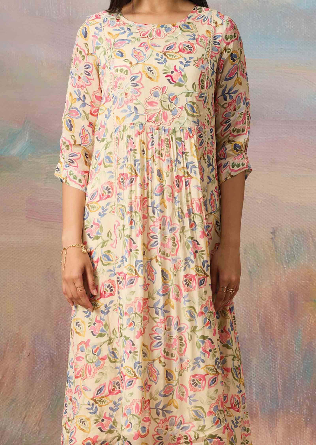 Beige Chinnon Embroidered Midi Dress