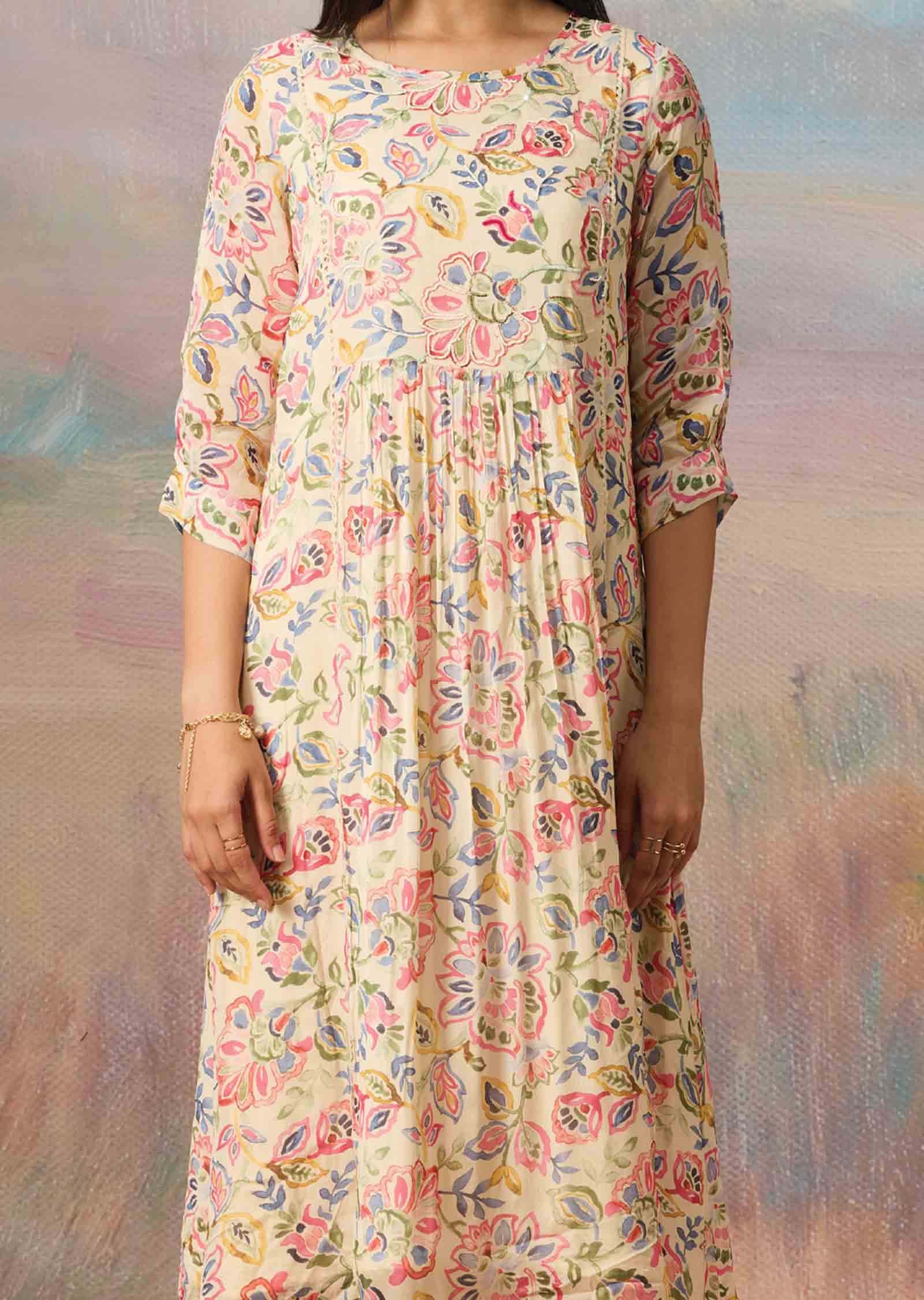 Beige Chinnon Embroidered Midi Dress