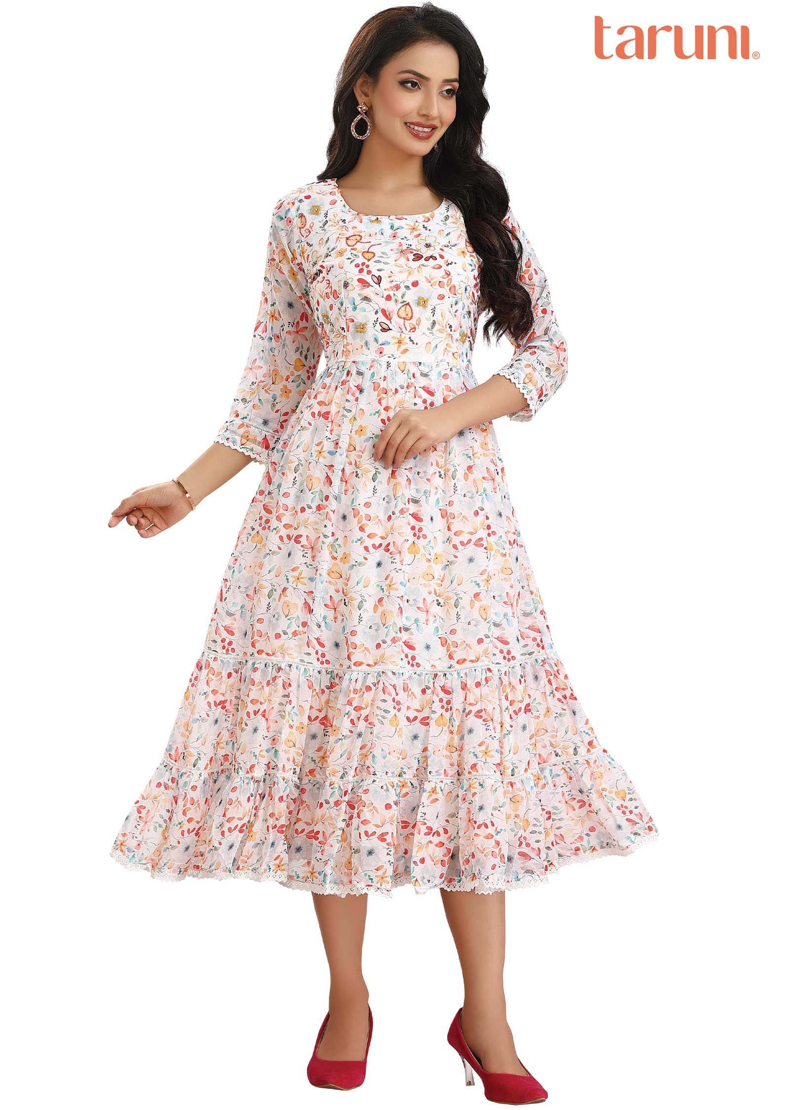 Off white Georgette Printed Midi Dress