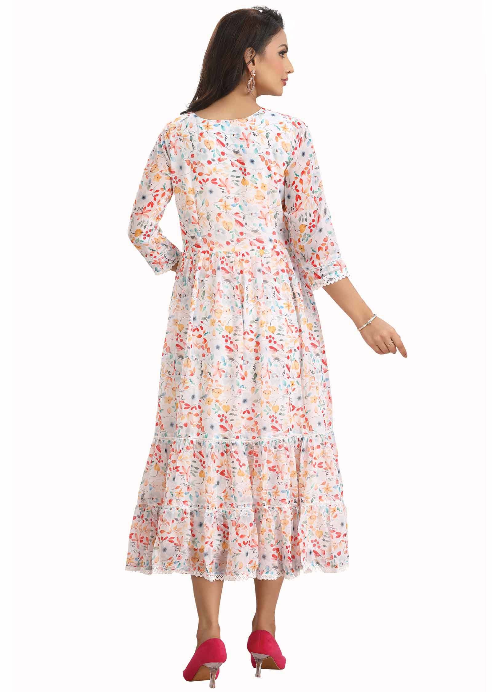 Off white Georgette Printed Midi Dress