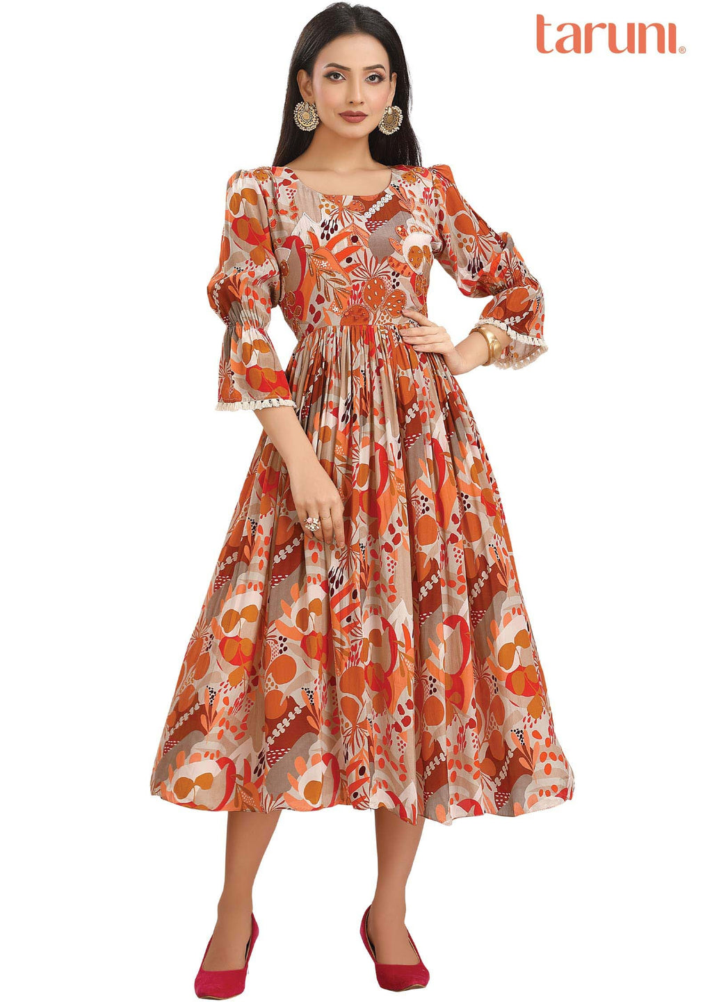 Fawn & Orange Crepe Embroidered Midi Dress