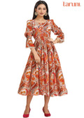 Fawn & Orange Crepe Embroidered Midi Dress