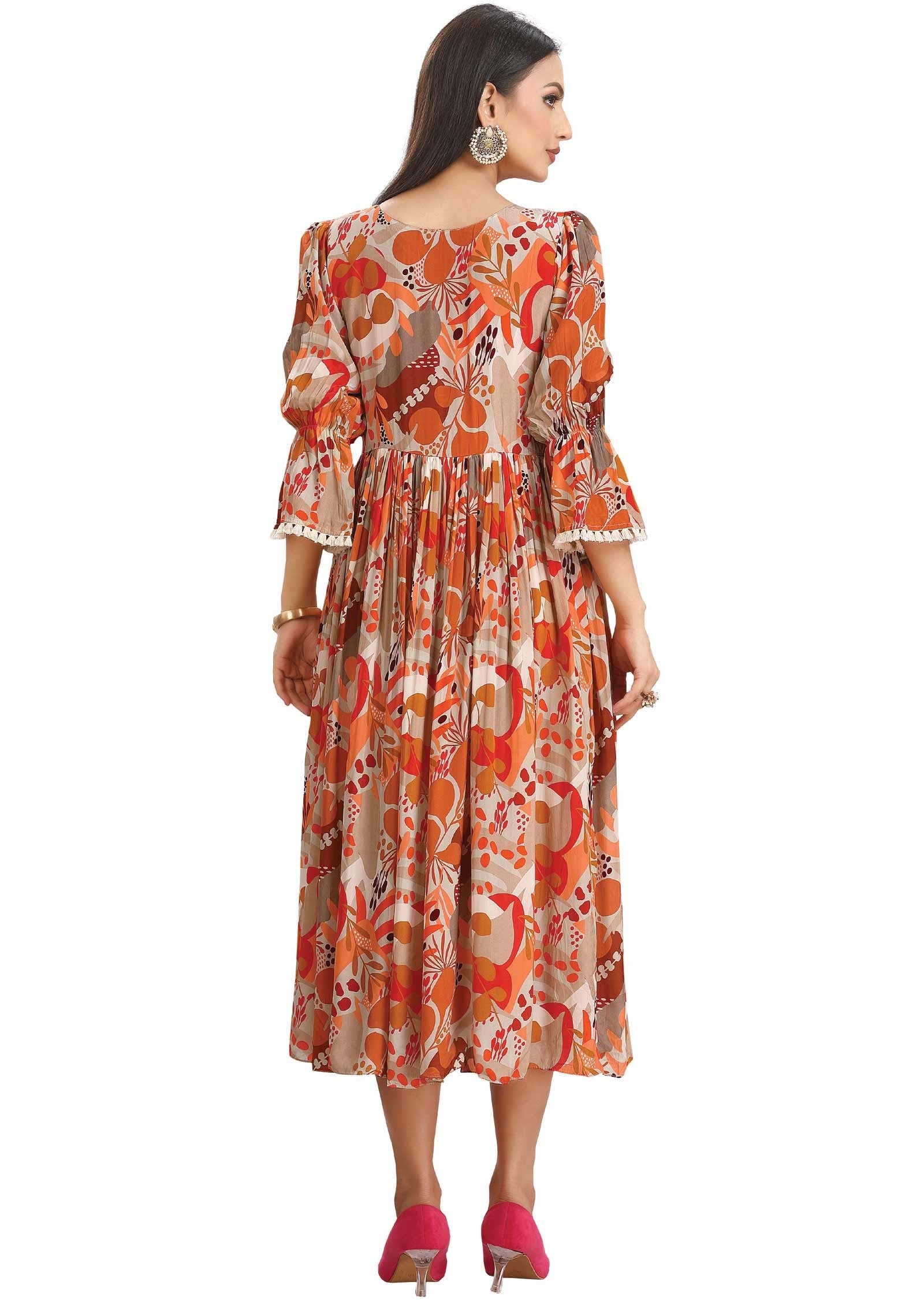 Fawn & Orange Crepe Embroidered Midi Dress
