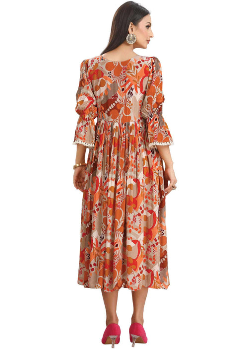Fawn & Orange Crepe Embroidered Midi Dress